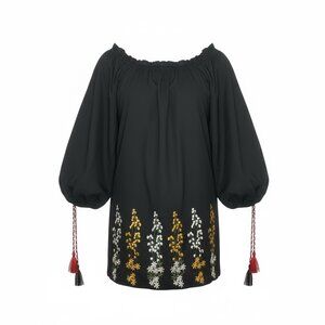 Black Embroidered Dress w Tied Bishop Sleeves